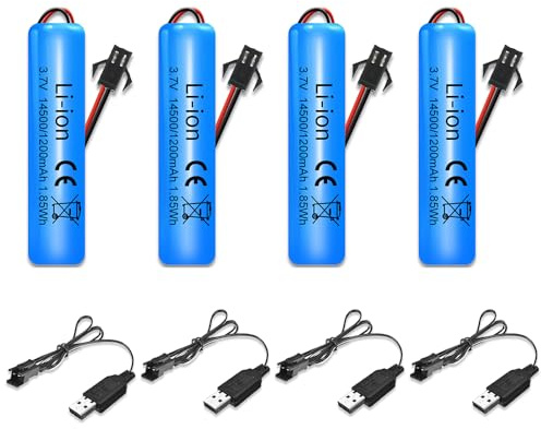 KBIBCK 4 baterías de iones de litio de 3.7 V 1200 mAh, baterías de litio recargables con cargador USB SM-2P, batería universal de iones de litio 14500 para coche RC todoterreno, camión, puente