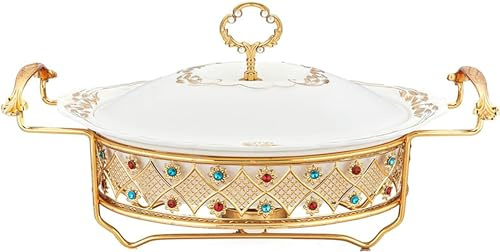 Buffet set Ceramics Chafing Dish Buffet Set, Full Size Chafer and Buffet Warmer Set with Diamond Decoration, Suitable for Buffet Catering Kitchen Party(A,1.2L)