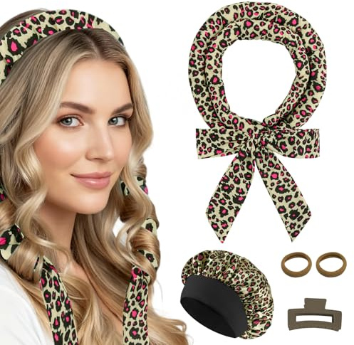 Baolivi Satin Lockenwickler über Nacht Heatless Overnight Curls Band, Locken Ohne Hitze Lockenband über Nacht für lange Haare, Haarnudel Lockenwickler Ohne Hitze DIY Set (Pink Leopardenmuster)