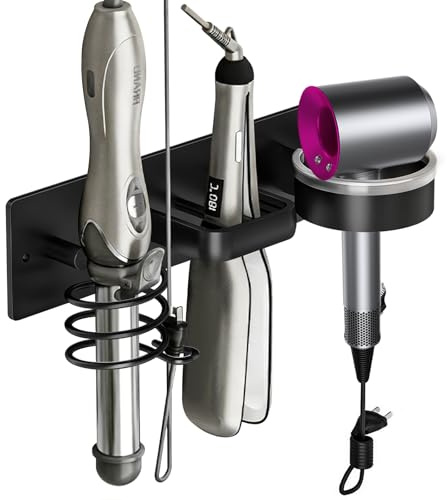 Vyranut Hair Dryer Wall Mounted Rack – Space Aluminium Holder with Cable Slot, Drill & No-Drill Installation, Anti-Rust Bathroom Organiser for Hairdryer & Styling Tools – Black – 30×8cm