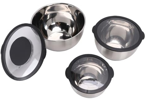 YUEHISY Juego de 3 Tazones para Mezclar, Tazones Anidados de Acero Inoxidable de 1,5 L, 2,5 L y 4,5 L con Tapas Herméticas y 3 Accesorios para Ralladores, Fondos Antideslizantes para