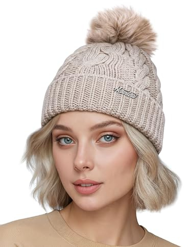 Neverless® Damen Strick-Mütze Merino Wollmütze Bommelmütze Wintermütze mit Umschlag Pudelmütze Strickbeanie