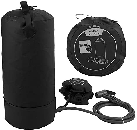 MKSDJFKA 11-Liter-Duschtaschen-Set für den Außenbereich, tragbare Campingdusche mit Druckduschkopf, Badetasche mit großem Fassungsvermögen für Wanderreisen, inklusive Fußpumpe und (Schwarz)