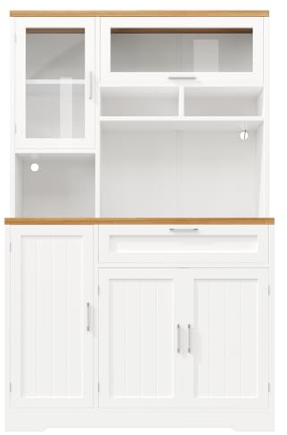 LANSEISTENJI Küchenbuffet mit Aufsatz – 70,9'' hoher Schrank mit LED-Beleuchtung, Glastüren, Schublade und verstellbaren Einlegeböden (Weiß)