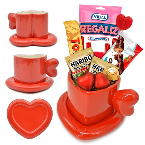 Tazza Cuore XXL Premium per San Valentino con Piattino · Regalo Goloso con Kinder Bueno, Ferrero Rocher, Liquirizia, Lecca-lecca a Cuore e Cioccolatini Ripieni · Tazza 400 ml · Pronta da Regal