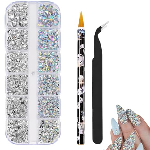 Androxeda 1440 Strass di Vetro Rotondo Gemme, Strass per Unghie con Pinzette e Penna per Applicare, Strass di Vetro Argento, Per Decorazione Unghie, Manicure, Artigianato e Fai da Te
