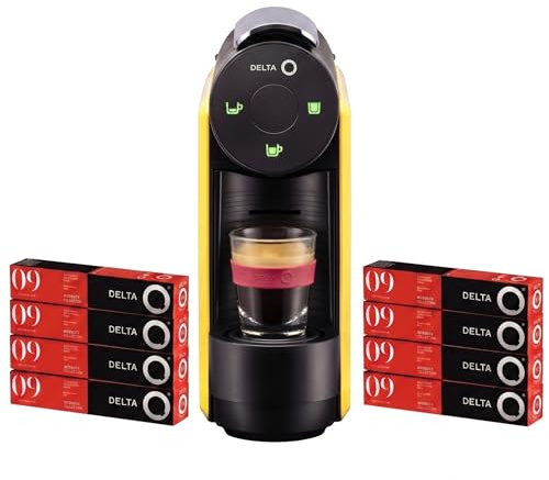 Delta Q - Pack Cafetera con Cápsulas - Mini Qool Amarilla - Para Cafés, Té y Bebidas Calientes - Sencilla y Práctica - Diseño Elegante - Incluye 8 Blíster x 10 Cápsulas Qharacter (Total 80 Cápsulas)
