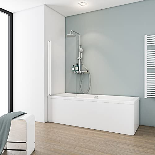 Schulte Duschwand für Badewanne, 70 x 130 cm, zum Kleben, kein Bohren in Fliese notwendig, 5 mm Sicherheitsglas klar hell, alpinweiß, Duschabtrennung