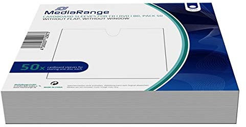 MediaRange 50 bolsas de papel de cartón sin ventana sin pestaña para 1 BD/CD/DVD blanco