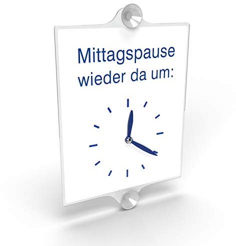 Betriebsausstattung24 Abwesenheitsschild - Hinweisschild „Mittagspause wieder da um …“ - Türschild - Ladenschild - Einstellbarer Uhrzeit - Mit Saugnäpfen - Plexiglasschild