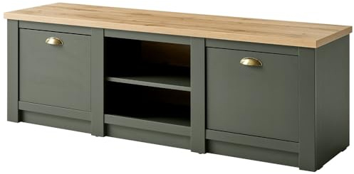 Lomadox Landhaus Fernsehtisch TV Lowboard in grün mit Wotan Eiche, /H/T: 152/51/45cm