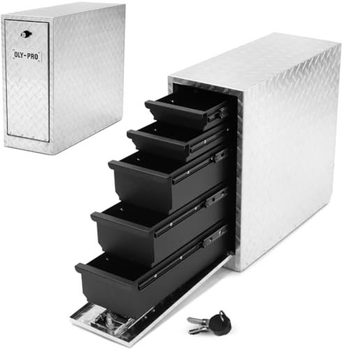 OLY-PRO Truck Bed Tool Box with 5-Drawer Slides | Lockable Heavy-Duty Tool Chest Storage for Pickup, Jobsite & Side Trucks | 8-Inch Toolbox with Key (Silver Aluminum)