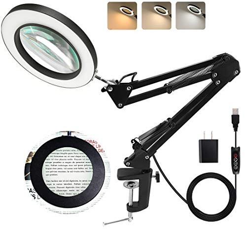 LANCOSC 10X Magnifying Glass with Light and Stand, Optical-Grade Glass Lens, 3 Color Modes Stepless Dimmable, Adjustable Swivel Arm, LED Magnifier Desk Lamp for Close Work Repair Crafts Reading, Black