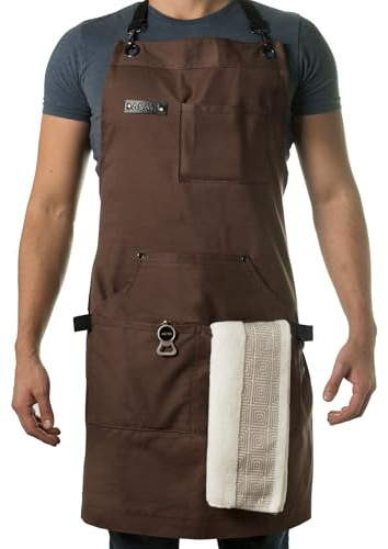 Asaya Chef & BBQ Apron with Pockets - Cross Back Canvas Cooking Apron for Women and Men, Adjustable Work & Grilling Aprons with Pocket, Bottle Opener and Hand Towel, 10oz Cotton Canvas (Brown)