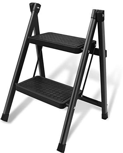 Escabeau 2 Marches Pliable, Échelle Domestique en Acier Marchepieds Pliant Portable, Largeur de Marche 20 cm Antidérapant, Charge Max 250 kg, pour Maison, Cuisine, Bureau, Bibliothèque, Noir