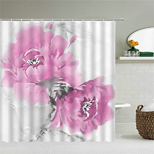Duschvorhang 250x200cm , Duschvorhänge Wasserdichter Anti-Schimmel Shower Curtains mit 12 C-Ringe, Verdickter Stoff,Waschbar Stoff Polyester 3D Duschrollo Badewanne Badezimmer Dekor Graue rosa Blume