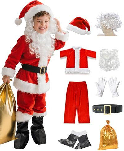 MongByYa Kids Santa Claus Costume - 9 PCS Santa Costume for Kids Santa Suit Outfit for Boys Toddler Christmas Halloween Party