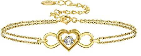 Belons Damen Armband 925 Sterling Silber Zirkonia Infinity Herz Charm Armband Mädchen Armkette Armkettchen Kinder Fußkettchen (Gold)
