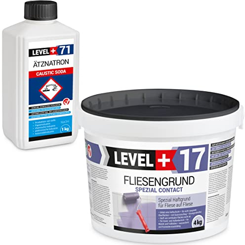 LEVEL+ RM17 Base pour carrelage 4 kg sur carrelage - Base adhésive spéciale en quartz - Contact spécial + nettoyant affiné - Soude caustique - 1 kg