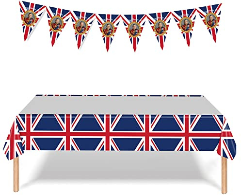 130 * 220cm Union Jack Tablecloth with King Charles III Coronation Decorations Flags Bunting Banner,King Charles Union Jack Banner,Great British Plastic Tablecover for King Charles Third Street Party