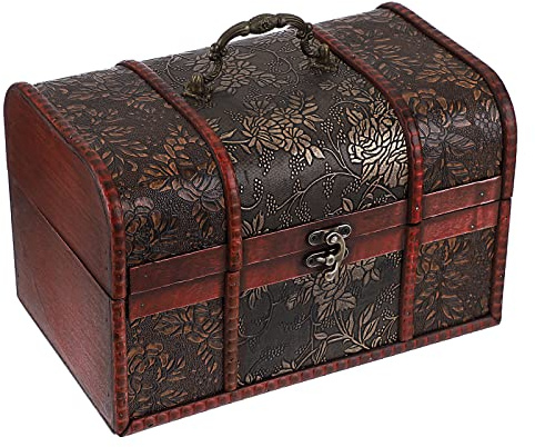 ELLDOO Vintage Treasure Chest, Pirate Keepsakes Box for Kids Gifts, Wooden Storage Box for Decorative Jewelry Pearl Trinkets, Large