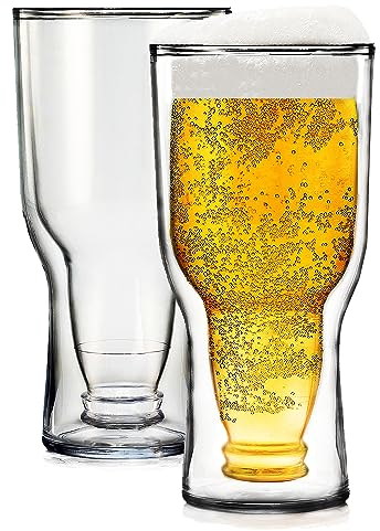 Unbreakable Double Wall Insulated Freezable Beer Acrylic Cups - 2 Set - Large 17 oz Reusable Pilsner Shatterproof Tritan, Upside Down Bottle Design, Pub Mug, For Beer Lovers, Picnic Indoor & Outdoor