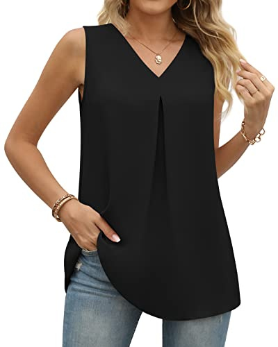 Anyally Women's Summer Sleeveless Chiffon Tunic Tank Tops Dressy Casual Blouse Loose V Neck Work Shirts, L Black