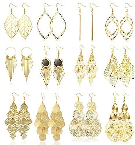 LOCCY 12 Paar Ohrringe Set für Damen Mädchen Tropfen Hängende Ohrringe Set Boho Ohrhänger Modeschmuck Wasser Tropfen Blatt Diamant Quaste Ohrring, Silber/Gold (Gold)