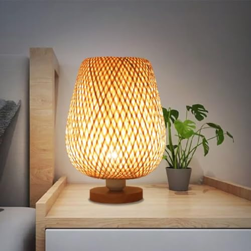GUANSHAN Bambusgewebte Tischlampe, Zen-Stil, Bambus-Lampenschirm, Tischleuchte, dekorative Tischbeleuchtung, Nachtlicht, Atmosphärenlicht für Schlafzimmer, Wohnzimmer