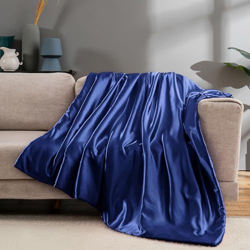 Vonty Navy Blue Satin Throw Blanket 50x60In, Cooling Silky Wrinkle-Free
