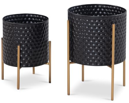 Wohnling Blumentopf 2er Set Metall Pflanzkübel Schwarz/Gold mit Füßen, Design Pflanzenkübel Rund Indoor, Blumenkübel Pflanzgefäß mit Waben-Muster in 3D