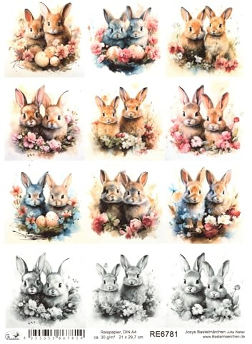 Josys Bastelmärchen Reispapier A4 Strohseide Ostern 2 Süße kleine Häschen Hasen Blumen RE6781