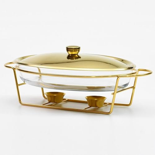 3L Oval Food Warming Container, Chafing Dish Buffet Set, with Glass Pot, Metal Lid, Stainless Steel Stand, for Parties Buffets Weddings Parties