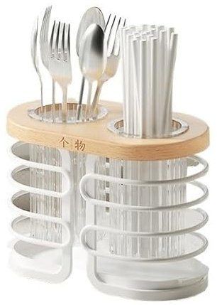 Portautensilios Organizador de cubiertos de cocina con marco de haya de alambres de metal blanco, soporte for utensilios de 2 compartimentos, estante de drenaje for cubiertos for encimera Bote para ut