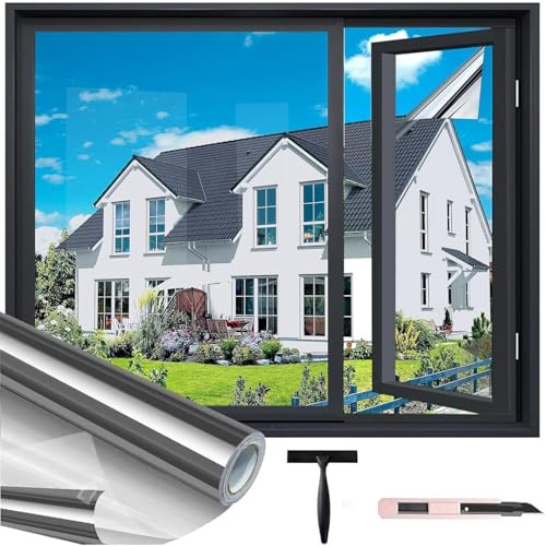 Evofensteere Film de protection solaire anti-UV pour fenêtre intérieure ou extérieure - Autocollant sans résidus - Thermique - Contre la chaleur - Film miroir - Pour bureau et maison - Argenté - 30 x
