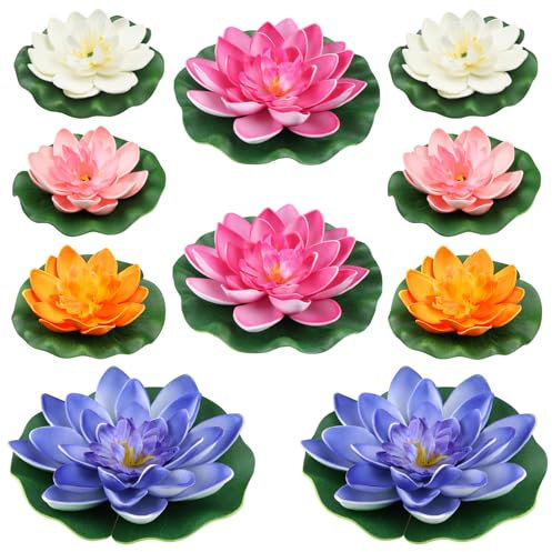 QUOZUO 10PCS 3 sizes Artificial Foam Lotus Floating Flowers with Water Lily Pad Ornaments for Home Garden Pond Decor Pools Water Decorations, Colorful