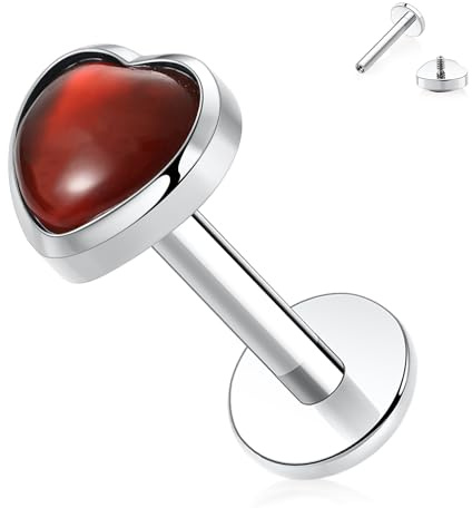 AROWRO Tragus Helix Conch Piercing Schmuck Flat Back Cartilage Earring Medusa Monroe Piercing Schmuck Internally Threaded Lip Ring Titan Nose Ring 16G 8mm Silver Red Agate