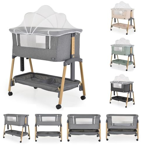 Cangaroo Babybett, Beistellbett Adoro, verstellbar, Matratze, Moskitonetz, Räder, Farbe:grau