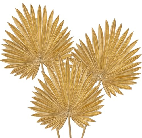 Briful 3er Set Künstliche Palmwedel Deko – Palmenblätter in Grün & Gold – Boho Deko für Vase, Hochzeitsdeko & Wohnzimmer – Kunstblätter für Tropische Dekoration