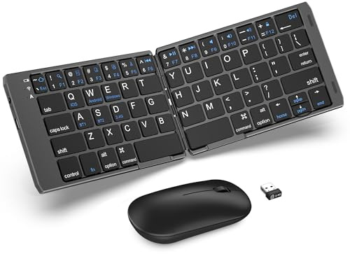EDJO - Teclado y mouse plegable, teclado inalámbrico plegable con soporte para teléfono, inalámbrico de 2.4 G y Bluetooth, mouse portátil recargable USB-C para iOS, Android, Windows, Mac OS