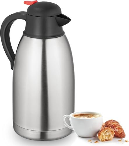 Voency 2L Thermal Flask, Double Walled Vacuum Insulated Coffee Pot,Vacuum Jug Insulation Pot with Handle,304 Stainless Steel Double-Walled Coffee Tea Carafe,for Coffee/Juice/Milk/Tea (Silver)