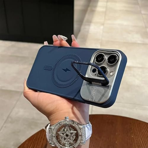 VFDHN Standhülle für iPhone 16 15 14 Plus 13 12 11 Pro Max Abdeckung Magnetischer kabelloser Ladekameraobjektivhalter Weich Matt, Blau, Für iPhone 15