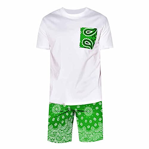 Herren Casual Anzug Cashew Blumendruck Kurzarm Shorts Zwei Herren Chap Anzug, green, XL