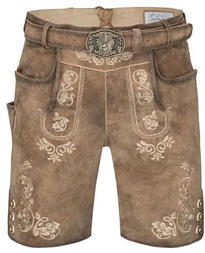 Schöneberger Trachten Couture Herren Lederhose kurz mit Trachtengürtel, traditionelle Vintage Trachtenhose für Oktoberfest aus Nubukleder, Lugano