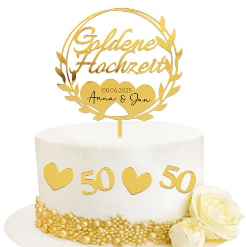 5pcs Tortendeko Goldene Hochzeit Acryl Cake Topper 50 Golden Years Kuchendeko Gold Glitzer 50 Jahrestag in Deutsch Geburtstag Torten Topper Tortenstecker Goldene Hochzeit Jubiläum Dekoration