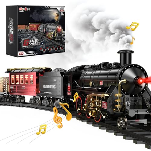 Hot Bee Alloy Electric Train Set for Kids Adults, Christmas Train Set for Under Tree, Steam Train Toy with Smoke, Model Train Sets for 3 4 5 6 7 Year Old Boys