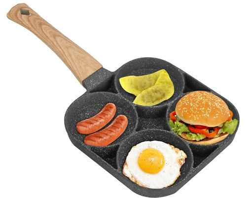 4-Hole Egg Frying Pan Multi Nonstick Pancake Maker with Wooden Handle, Induction Hob Compatible Poached Egg Pan & Breakfast Cookware