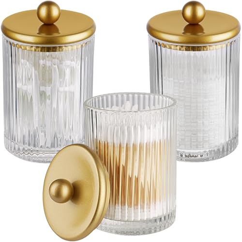 Komashr 3Pack Glass Qtip Holder Dispenser Set - Bathroom Canister Storage Organizer for Cotton Balls, Swabs, Floss Picks, and Makeup Sponges with Matte Black Metal Lid - Clear Vanity Apothecary Jars