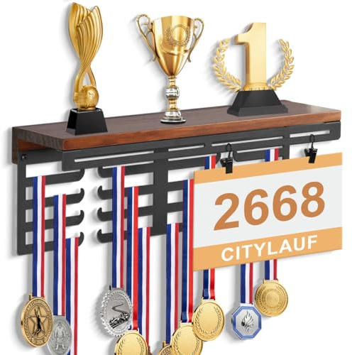 JUJOYBD Supporto per medaglie in legno per trofei, medaglie e numeri di partenza per 60+ medaglie, montaggio a parete per trofei per competizioni