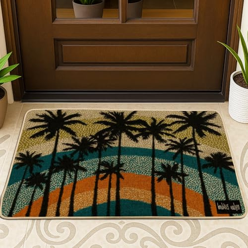 Felpudo de palmera, tapete de entrada tropical negro para decoración de verano al aire libre e interior, goma impermeable, antideslizante, absorbe el polvo, fácil de limpiar, 29 x 17 pulgadas